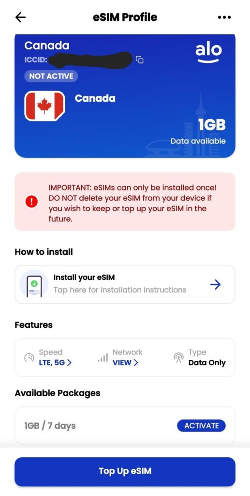 aloSIM app purchasing an eSIM for Canada